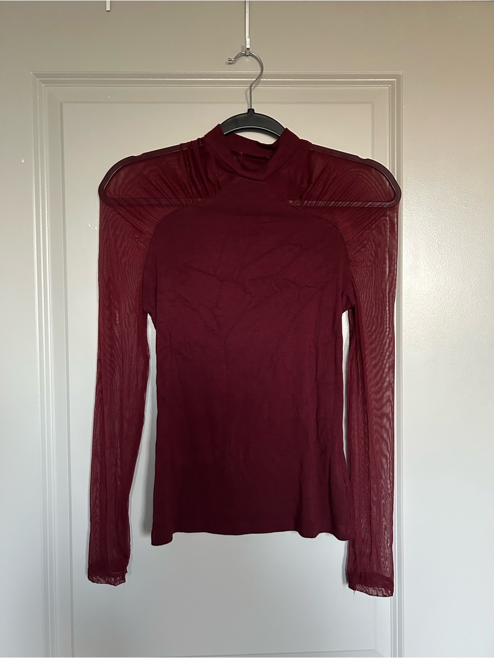 Commense Burgundy Sheer Long-Sleeve Mock Neck Top